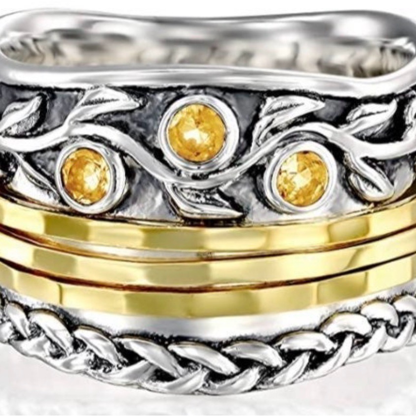 Euc Or Paz | Sterling Silver-14k | 3 Stone Citrine Spinner Ring | Size 8